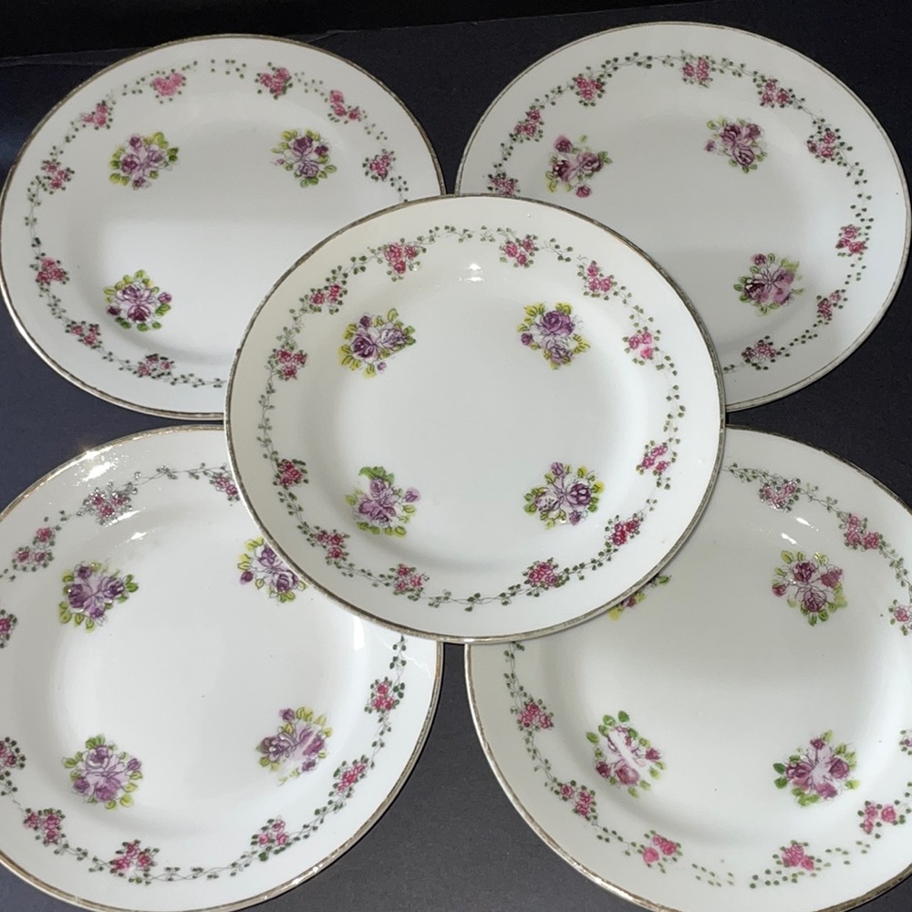 Nippon Hand Painted Floral Design Cake Side Plates X5 Flower Dinnerware Antique